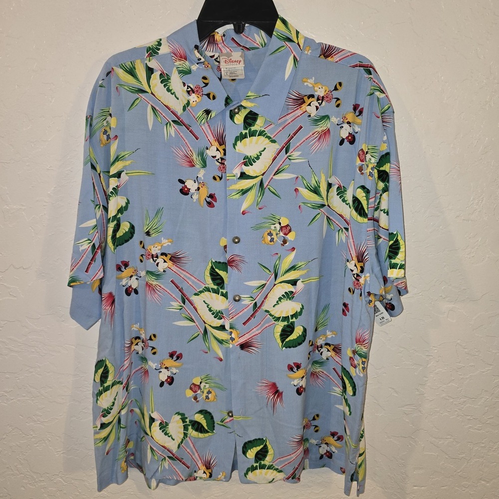 Disney Store Large Button Down Hawaiian Shirt Men's Mickey Minnie Donald Luau